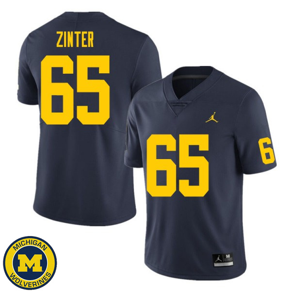 Men Michigan Wolverines #65 Zak Zinter Navy College Game Jersey